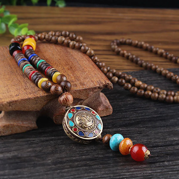 Vintage Nepal Long Buddhist Mala Wood Beaded Pendant & Necklace Ethnic Bohemian Boho Buddha Lucky Jewelry for Women Men