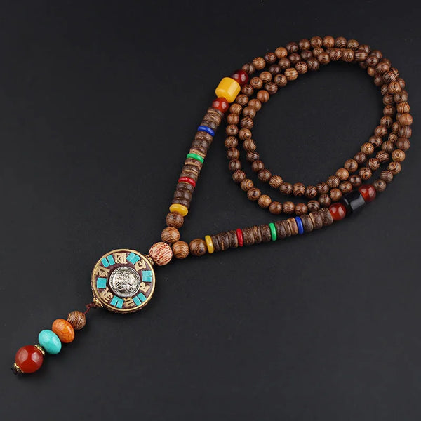 Vintage Nepal Long Buddhist Mala Wood Beaded Pendant & Necklace Ethnic Bohemian Boho Buddha Lucky Jewelry for Women Men