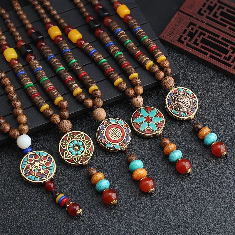 Vintage Nepal Long Buddhist Mala Wood Beaded Pendant & Necklace Ethnic Bohemian Boho Buddha Lucky Jewelry for Women Men
