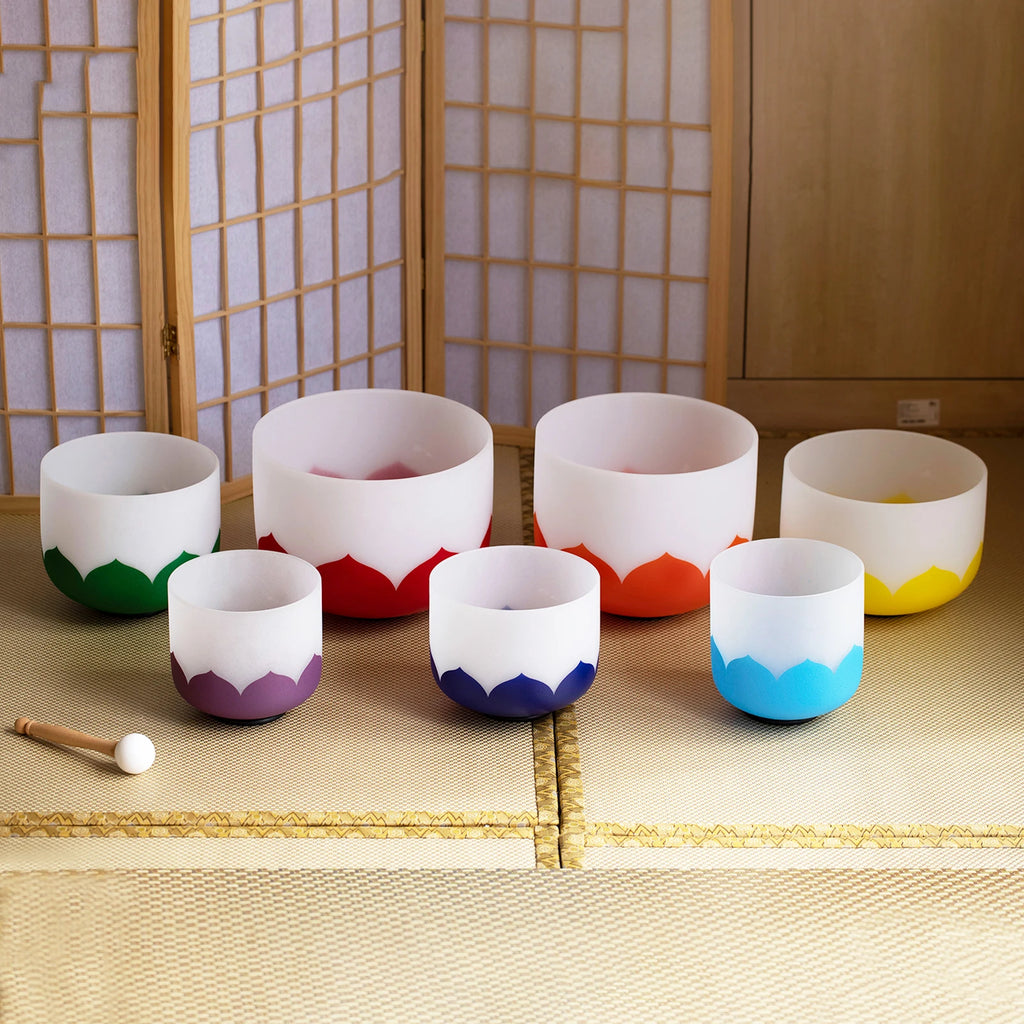 432HZ Color Chakra Frosted Quartz Crystal Singing Bowls 6-12" set of 7pcs for yoga and Meditation Sound Healing with Free Bag