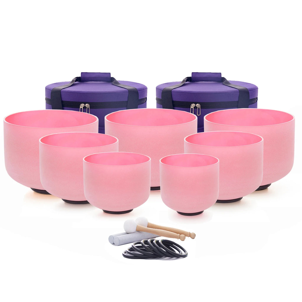 432HZ Color Chakra Frosted Quartz Crystal Singing Bowls 6-12" set of 7pcs for yoga and Meditation Sound Healing with Free Bag