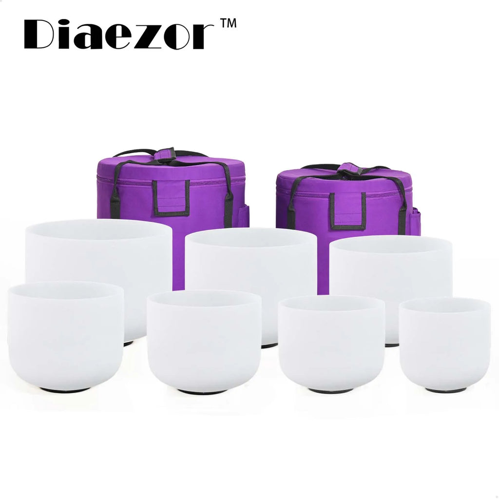 Diaezor 6 -12 Inch Frosted Quartz Crystal Singing Bowls 440hz/432hz CDEFGAB Note Set of 7Pcs for Sound Healing  with Bags