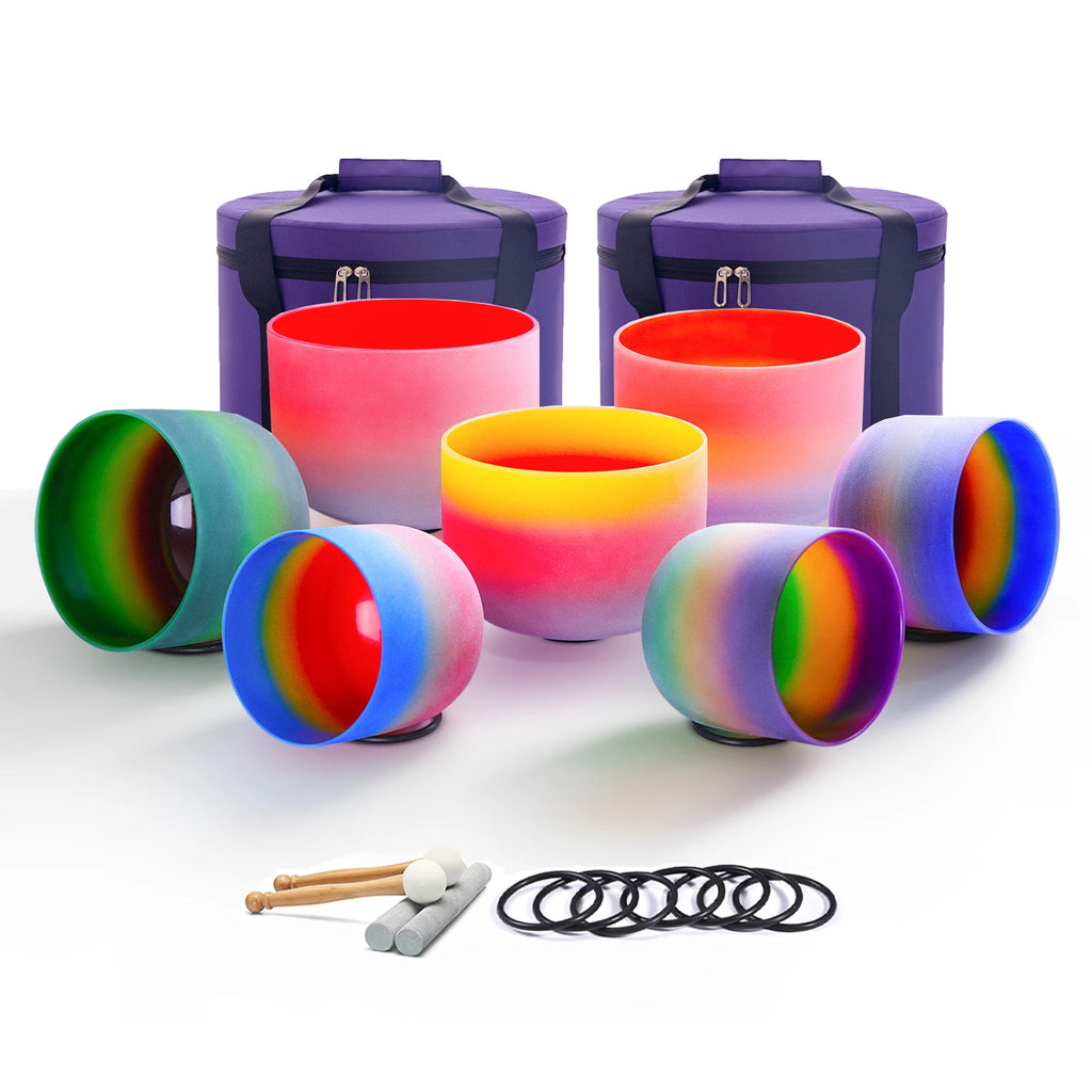 432HZ Color Chakra Frosted Quartz Crystal Singing Bowls 6-12" set of 7pcs for yoga and Meditation Sound Healing with Free Bag