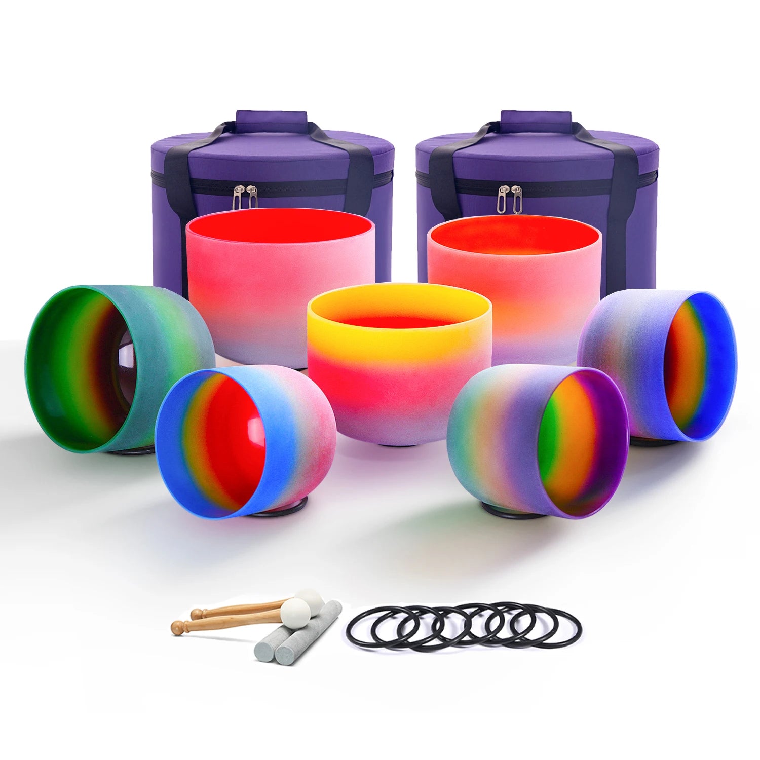 432HZ Color Chakra Frosted Quartz Crystal Singing Bowls 6-12" set of 7pcs for yoga and Meditation Sound Healing with Free Bag