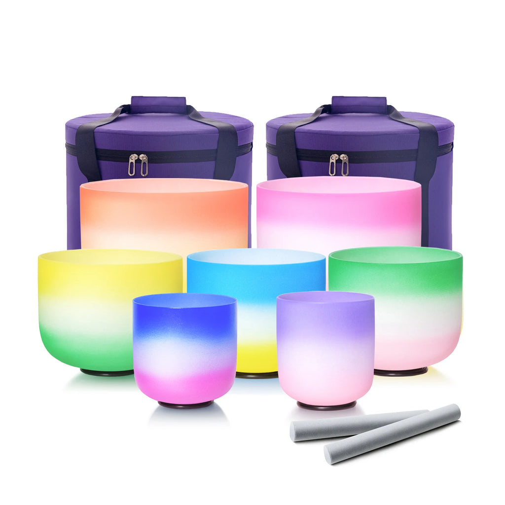 432HZ Color Chakra Frosted Quartz Crystal Singing Bowls 6-12" set of 7pcs for yoga and Meditation Sound Healing with Free Bag