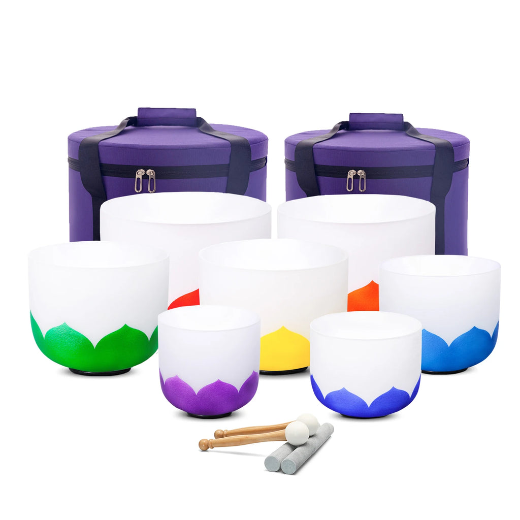 432HZ Color Chakra Frosted Quartz Crystal Singing Bowls 6-12" set of 7pcs for yoga and Meditation Sound Healing with Free Bag