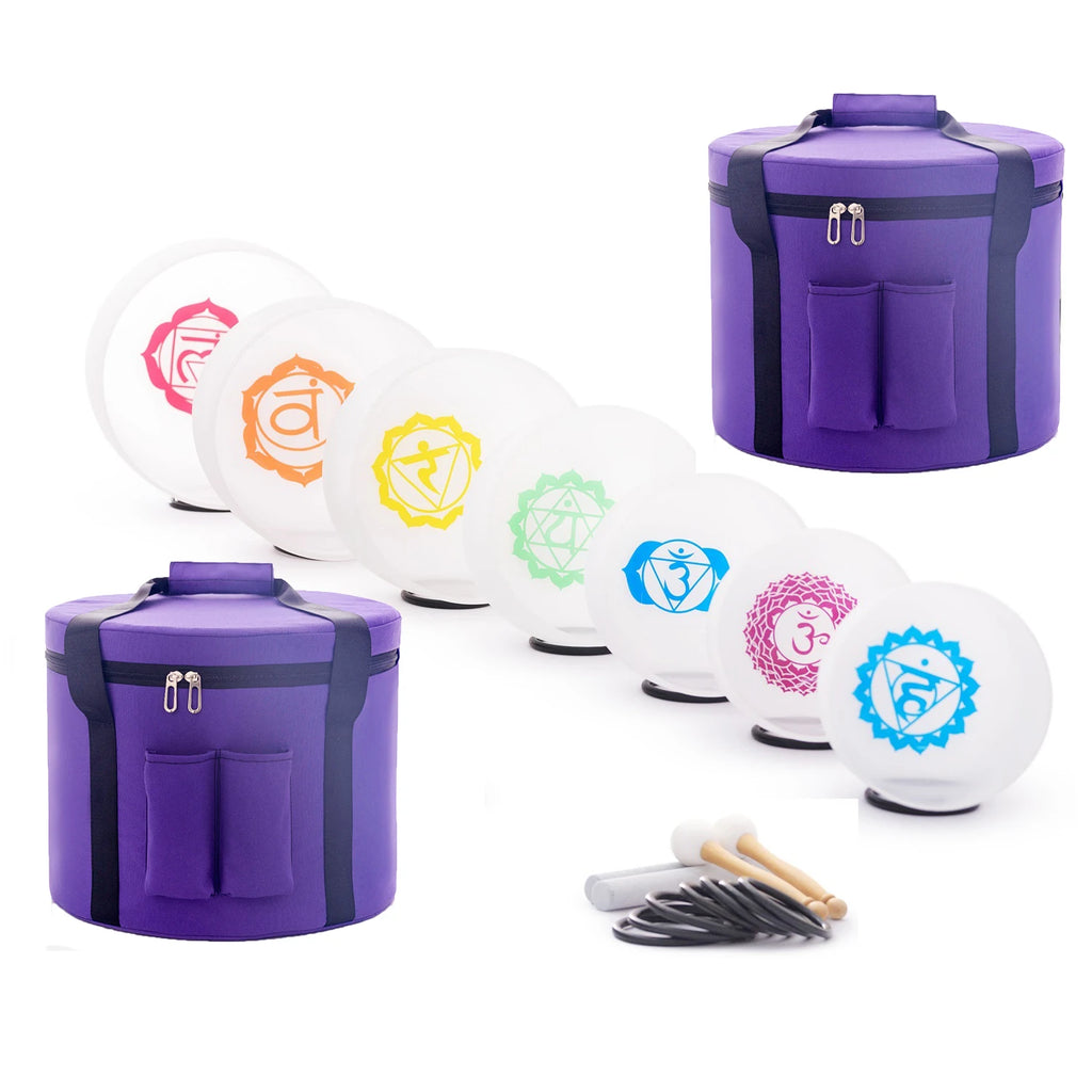 432HZ Color Chakra Frosted Quartz Crystal Singing Bowls 6-12" set of 7pcs for yoga and Meditation Sound Healing with Free Bag
