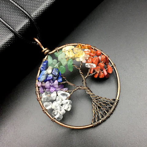 Tree of Life Pendant Necklace Pendulum 7 Chakra Natural Stone Wire Wrap Reiki Healing Leather Rope Chain Necklace Amulet Jewelry