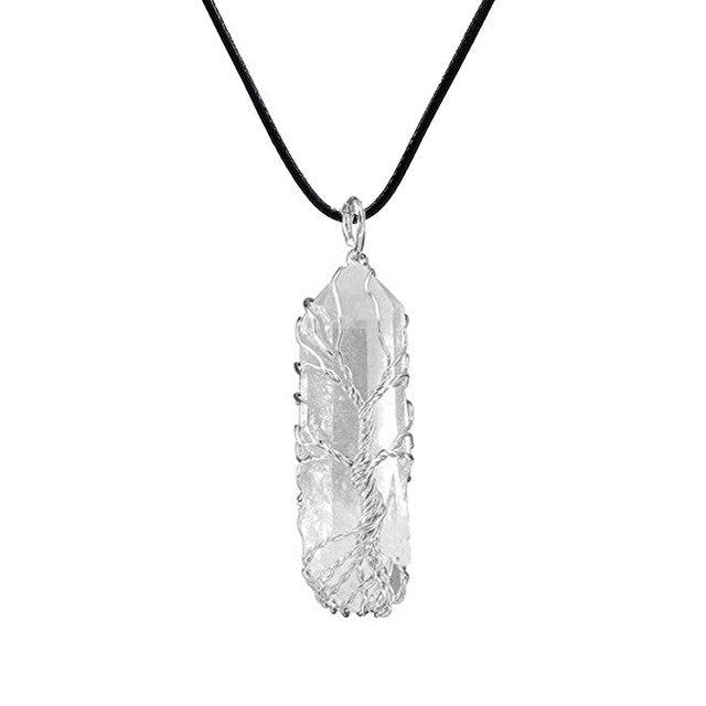 Tree of Life Pendant Necklace Pendulum 7 Chakra Natural Stone Wire Wrap Reiki Healing Leather Rope Chain Necklace Amulet Jewelry