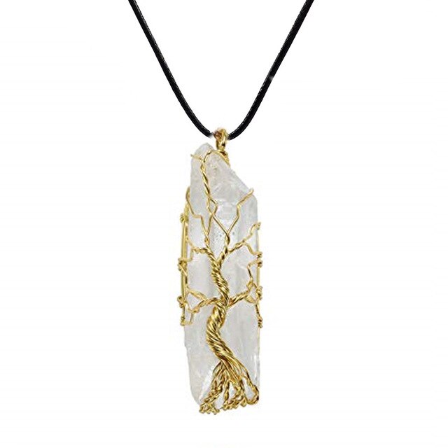 Tree of Life Pendant Necklace Pendulum 7 Chakra Natural Stone Wire Wrap Reiki Healing Leather Rope Chain Necklace Amulet Jewelry