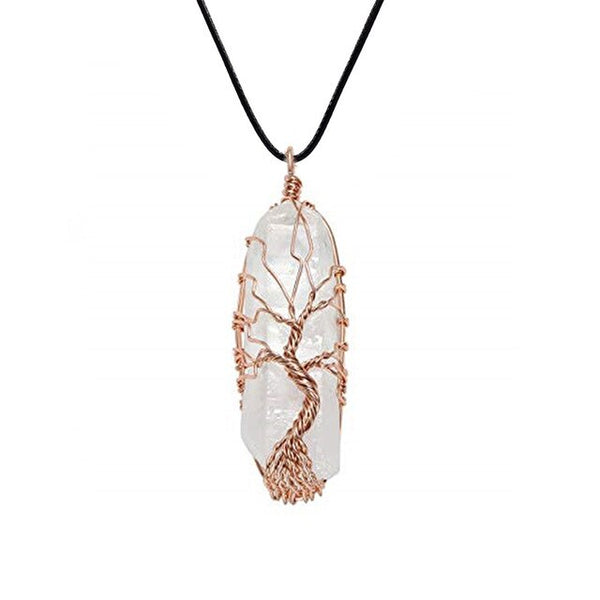 Tree of Life Pendant Necklace Pendulum 7 Chakra Natural Stone Wire Wrap Reiki Healing Leather Rope Chain Necklace Amulet Jewelry