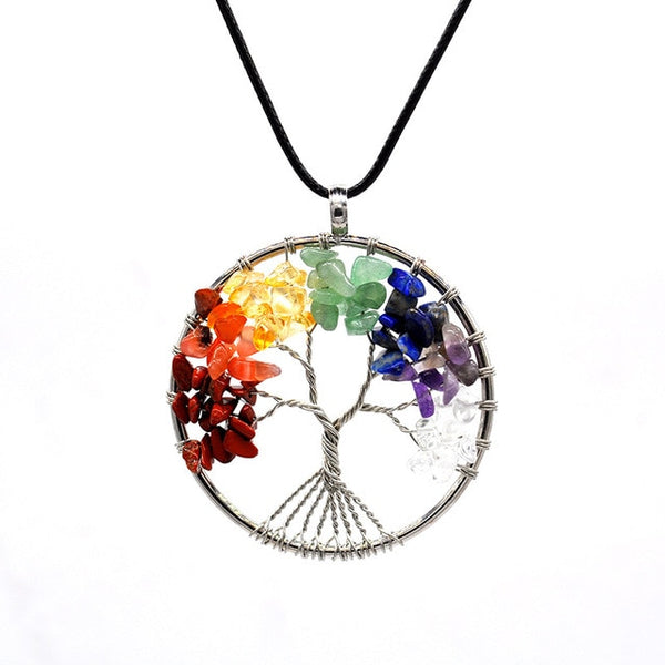 Tree of Life Pendant Necklace Pendulum 7 Chakra Natural Stone Wire Wrap Reiki Healing Leather Rope Chain Necklace Amulet Jewelry