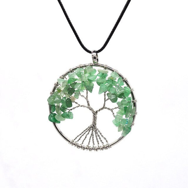 Tree of Life Pendant Necklace Pendulum 7 Chakra Natural Stone Wire Wrap Reiki Healing Leather Rope Chain Necklace Amulet Jewelry