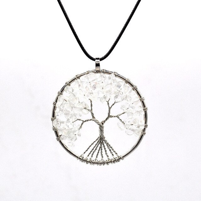 Tree of Life Pendant Necklace Pendulum 7 Chakra Natural Stone Wire Wrap Reiki Healing Leather Rope Chain Necklace Amulet Jewelry