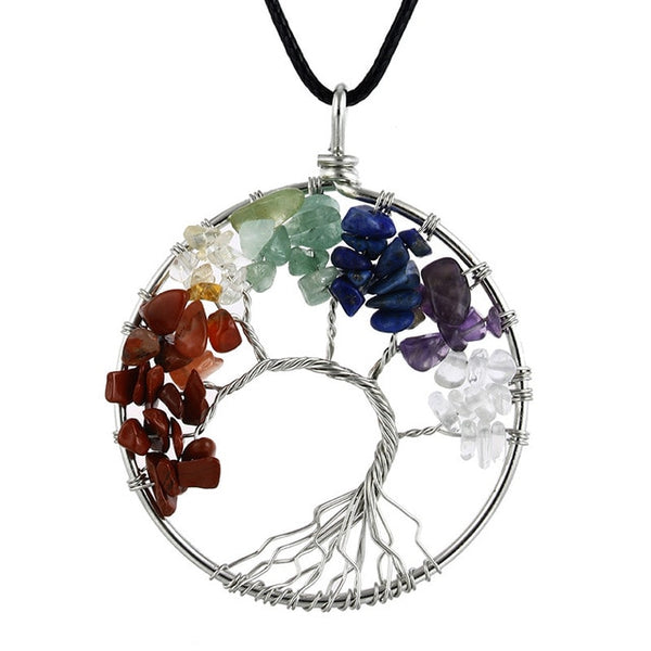 Tree of Life Pendant Necklace Pendulum 7 Chakra Natural Stone Wire Wrap Reiki Healing Leather Rope Chain Necklace Amulet Jewelry