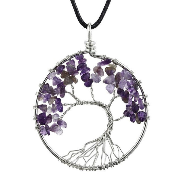 Tree of Life Pendant Necklace Pendulum 7 Chakra Natural Stone Wire Wrap Reiki Healing Leather Rope Chain Necklace Amulet Jewelry