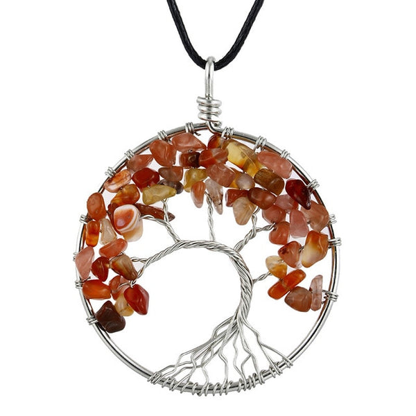 Tree of Life Pendant Necklace Pendulum 7 Chakra Natural Stone Wire Wrap Reiki Healing Leather Rope Chain Necklace Amulet Jewelry