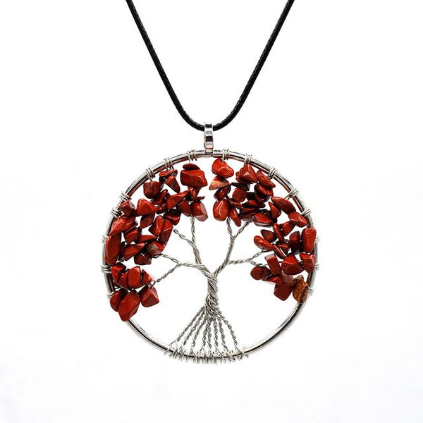 Tree of Life Pendant Necklace Pendulum 7 Chakra Natural Stone Wire Wrap Reiki Healing Leather Rope Chain Necklace Amulet Jewelry