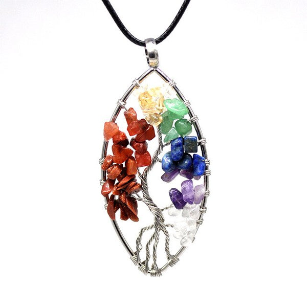 Tree of Life Pendant Necklace Pendulum 7 Chakra Natural Stone Wire Wrap Reiki Healing Leather Rope Chain Necklace Amulet Jewelry