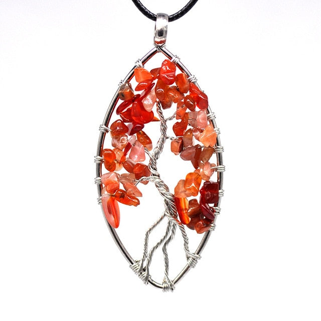 Tree of Life Pendant Necklace Pendulum 7 Chakra Natural Stone Wire Wrap Reiki Healing Leather Rope Chain Necklace Amulet Jewelry