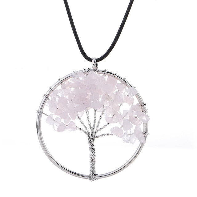 Tree of Life Pendant Necklace Pendulum 7 Chakra Natural Stone Wire Wrap Reiki Healing Leather Rope Chain Necklace Amulet Jewelry