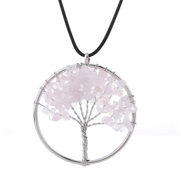 Tree of Life Pendant Necklace Pendulum 7 Chakra Natural Stone Wire Wrap Reiki Healing Leather Rope Chain Necklace Amulet Jewelry