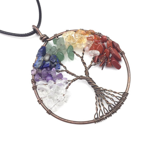 Tree of Life Pendant Necklace Pendulum 7 Chakra Natural Stone Wire Wrap Reiki Healing Leather Rope Chain Necklace Amulet Jewelry