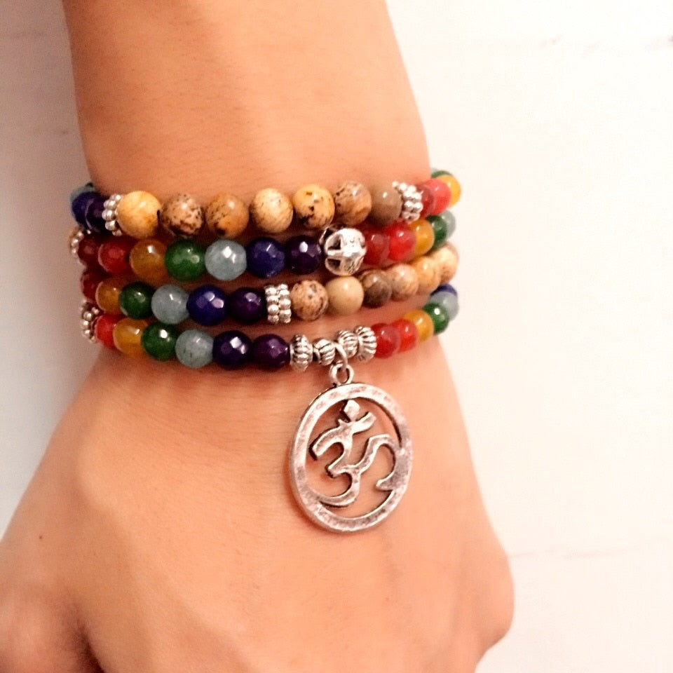 7 Chakra Healing Balance Bracelet Picture Stone Gem Yoga Reiki Prayer Stone Charms 108 Bead Bracelet Multilayer Bangle Women Men