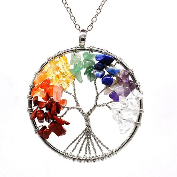 7 Chakra Natural/Rainbow Stone tree of life Pendant Necklace  bracelet for Women Men long chain statement suit Jewelry Gift