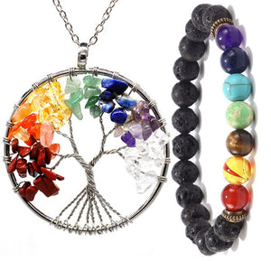 7 Chakra Natural/Rainbow Stone tree of life Pendant Necklace  bracelet for Women Men long chain statement suit Jewelry Gift